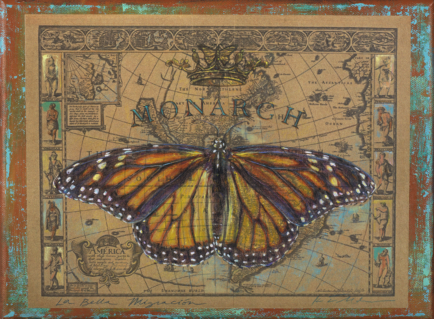 Monarch, mixed media on paper mounted on canvas, 12”x9”