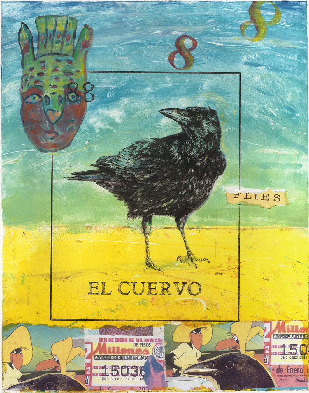 El Cuervo, etching, monotype and chine-collé on paper, 21” x 17”
